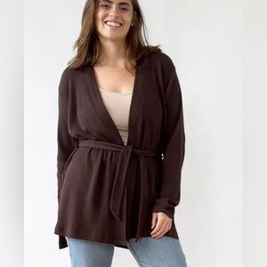 Brown Waffle Knit Cardigan with Open Front and Tie Waist